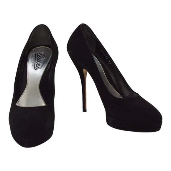Gucci Black Suede Leather Almond Toe Classic Heel Platform Pumps size 39 US 9 - Picture 1 of 15